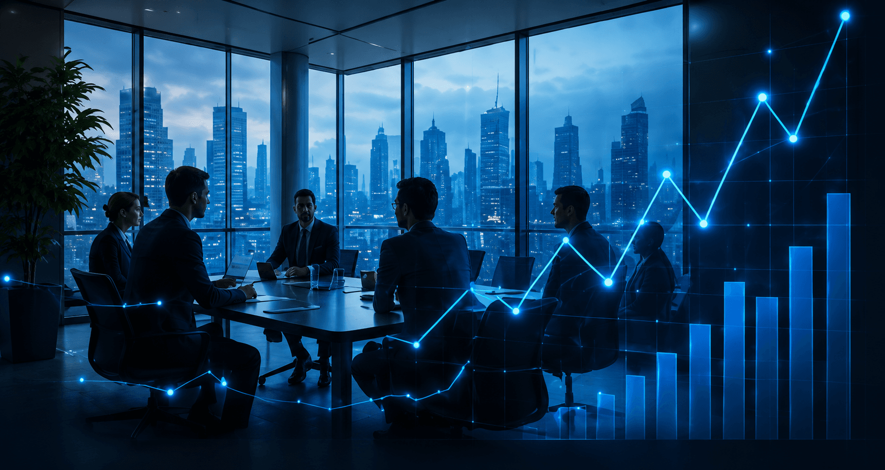 Equipe da X Negócios em reunião com gráficos de crescimento